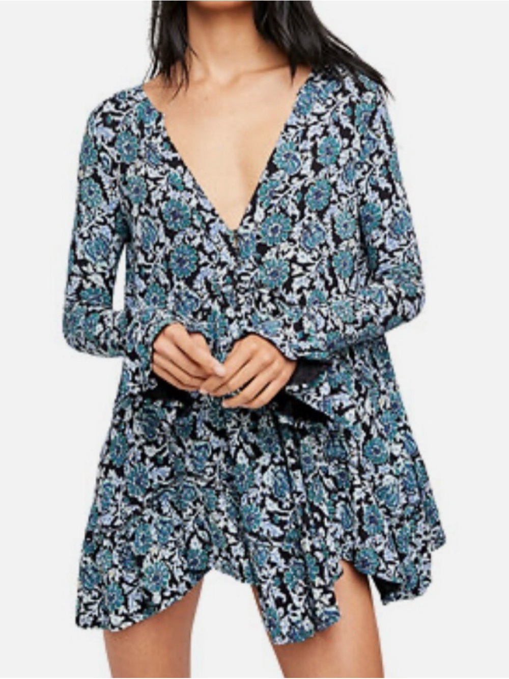 Free People Black Dress with Teal and Blue Paisley Neckline